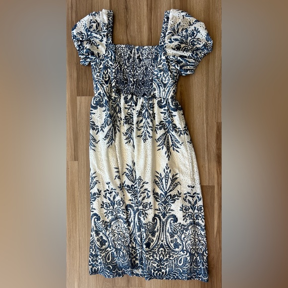 Ted Baker Print Eyelet Puff Sleeve Midi Dress Vintage Inspired Print Navy XL - Picture 10 of 12
